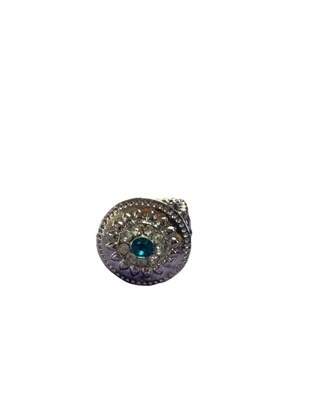 Silvertone Circle Stretchy Ring Blue Rhinestone Clear Rhinestone Halo